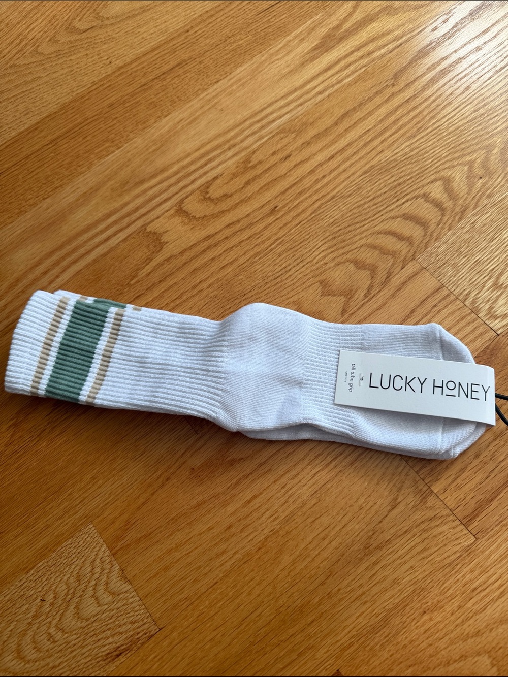 White Crew Socks with Green Stripe
